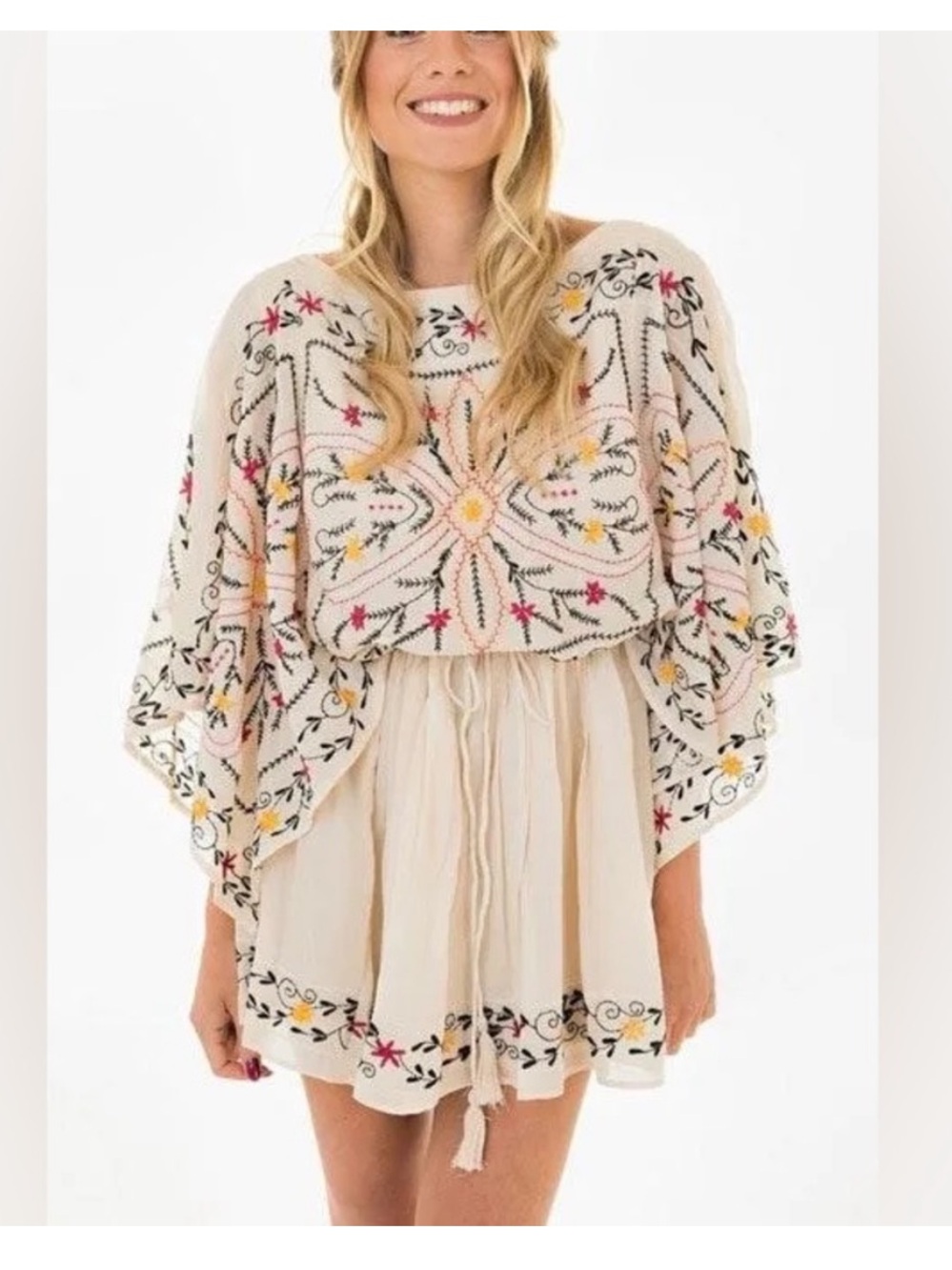 Free People Cream Colorful Embroidered Boho Poncho Dress